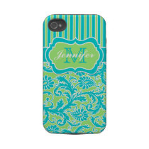 Blue, Green, White Striped Damask iPhone 4 Iphone 4 Tough Case