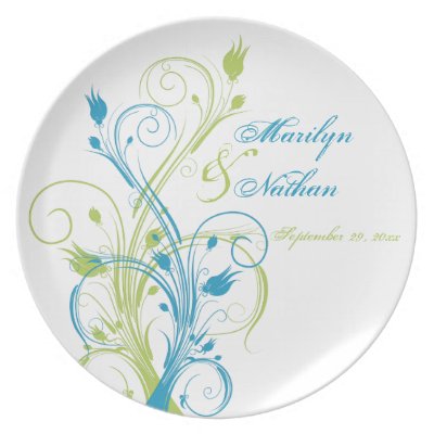 Blue Green White Wedding Keepsake Melamine Plate by NiteOwlStudio