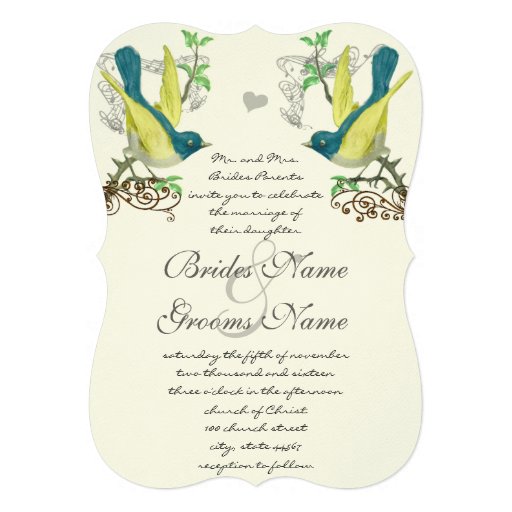 Blue Green & Yellow Vintage Birds Wedding Invite