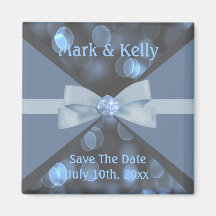 Blue & Grey Bokeh Lights, Ribbon & Bow Wedding Magnets