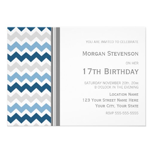 Blue Grey Chevron 17th Birthday Party Invitation