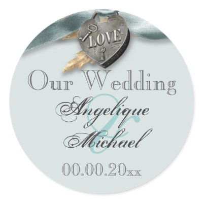 Blue grey country heart wedding round sticker