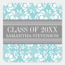 Blue Grey Damask Graduation Custom Year Name Sticker
