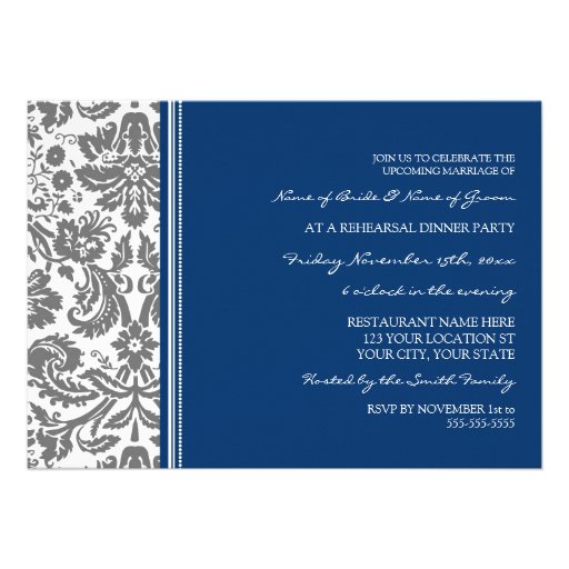 Blue Grey Damask Rehearsal Dinner Party Personalized Announcement
