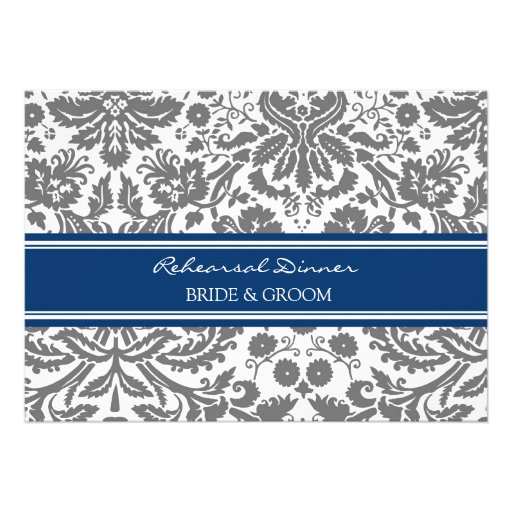 Blue Grey Damask Rehearsal Dinner Party Personalized Announcement