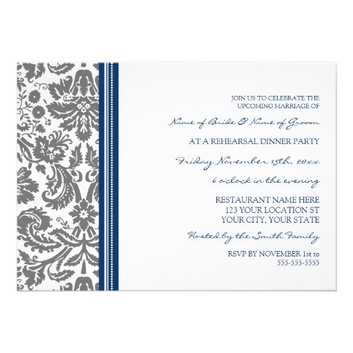 Blue Grey Damask Rehearsal Dinner Party Personalized Invites