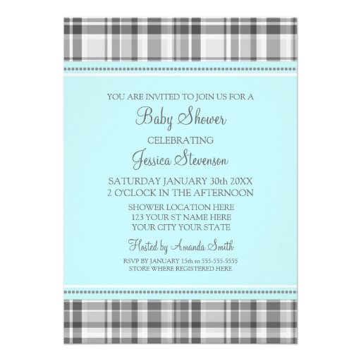 Blue Grey Plaid Custom Baby Shower Invitations