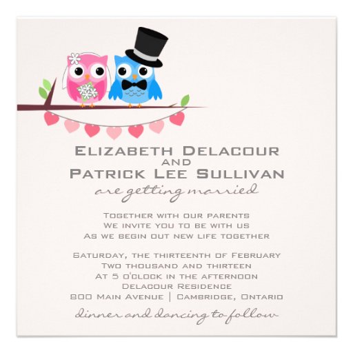 Blue Groom Owl & Pink Bride Owl Wedding Invitation