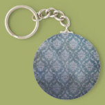 Blue Grungy Damask Keychains