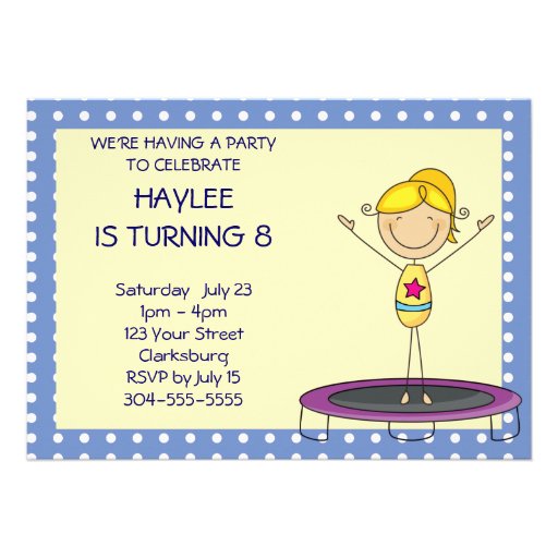 Blue Gymnastics Trampoline Birthday Party Personalized Announcement