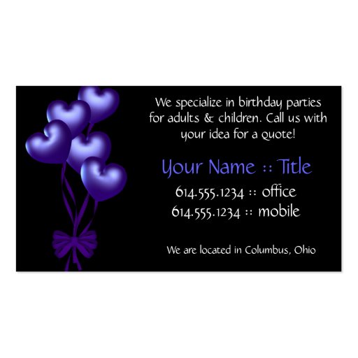 Blue Heart Balloons D1 Party Themed Business Cards (back side)