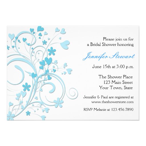 Blue Hearts and Flowers Flourish Bridal Shower Custom Invites