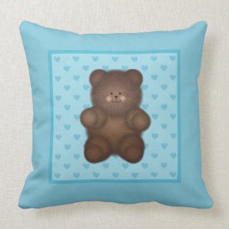 Blue Hearts and Teddy Bear Throw Pillow