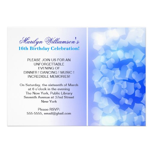 blue hearts modern sweet 16 birthday invitations