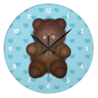 Blue Hearts: Teddy Bear Wall Clock On Blue