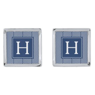 Blue Herringbone Pattern Monogram Silver Finish Cufflinks