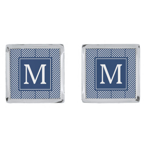 Blue Herringbone Pattern Monogram Silver Finish Cufflinks Blue Herringbone Pattern Monogram Silver Finish Cufflinks