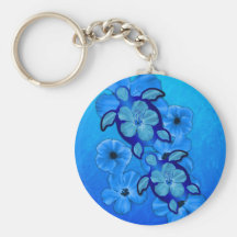 Blue Hibiscus And Honu Turtles Keychain
