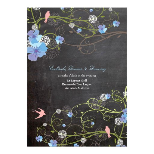 Blue Hibiscus Floral Birds Chalkboard Chic Wedding Custom Invitations