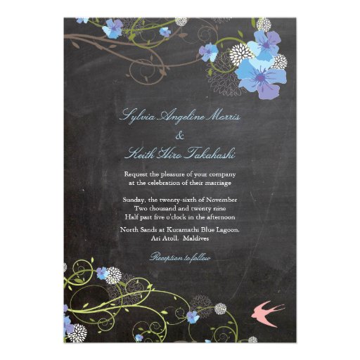 Blue Hibiscus Floral Birds Chalkboard Chic Wedding Custom Invitations
