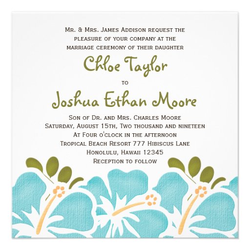 Blue Hibiscus Wedding Invitations (front side)