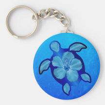 Blue Honu Turtle and Hibiscus Keychains