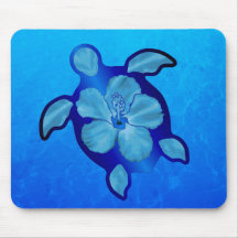 Blue Honu Turtle and Hibiscus Mousepads