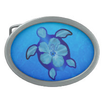 Blue Honu Turtle and Hibiscus Oval Belt Buckle