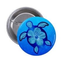Blue Honu Turtle and Hibiscus Pinback Button