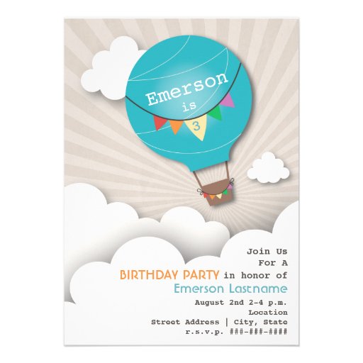 Blue Hot Air Balloon & Clouds Kids' Birthday Personalized Invite