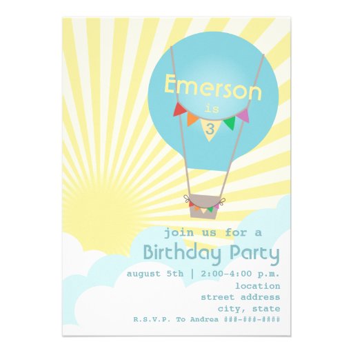 Blue Hot Air Balloon Kids Birthday Party Custom Announcement