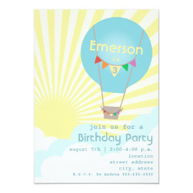 Blue Hot Air Balloon Kids Birthday Party 5x7 Paper Invitation Card