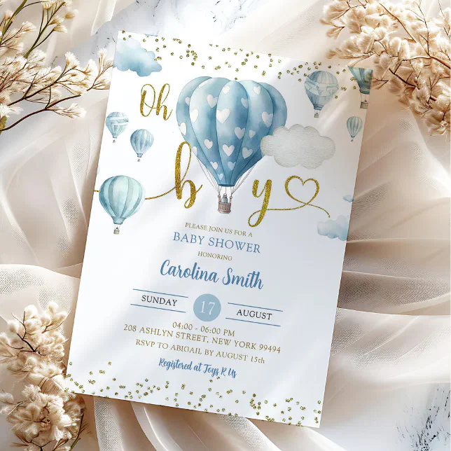 Blue Hot Air Balloon Oh Boy Baby Shower Invitation Zazzle