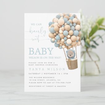 Blue Hot Air Balloon Teddy Bear Baby Shower Invite Zazzle