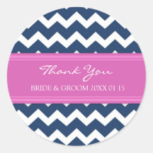 Blue Hot Pink Chevron Thank You Wedding Favor Tags Round Stickers