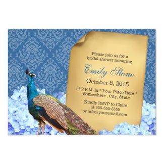 Blue Hydrangea & Peacock Damask Bridal Shower 5x7 Paper Invitation Card
