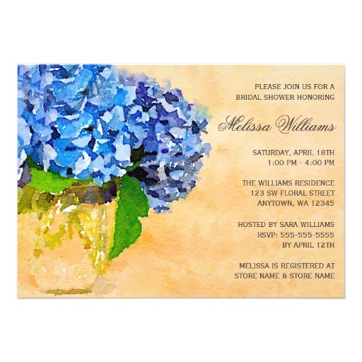 Blue Hydrangea Watercolor Mason Jar Bridal Shower Invitations