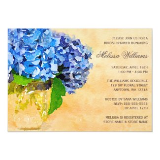 Blue Hydrangea Watercolor Mason Jar Bridal Shower 5x7 Paper Invitation Card