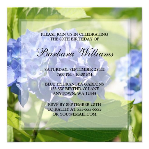 Blue Hydrangeas 80th Birthday Party Invitations (front side)