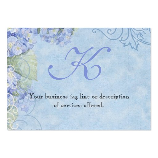 Blue Hydrangeas, Butterfly & Swirl Modern Floral Business Card (back side)