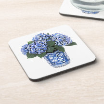 Blue Hydrangeas in a Floral Ceramic Pot Drink Coasters