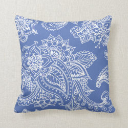 Blue Illustrated Bohemian Paisley Henna Throw Pillow