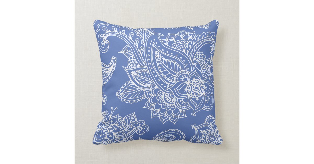 Blue Illustrated Bohemian Paisley Henna Throw Pillow Zazzle