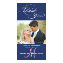 BLUE INITIAL SCRIPT WEDDING THANK YOU PHOTO CARD
