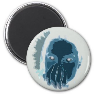 Blue inverted face with hand over mouth magnet