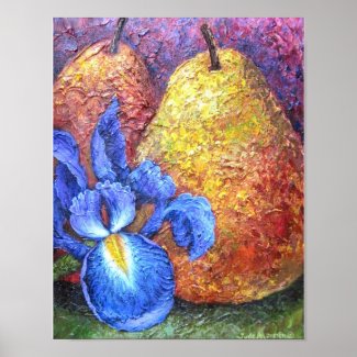 Blue Iris And Fruit Pear Painting Art - Multi print