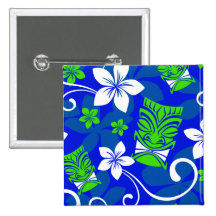 Blue Island Floral Tiki Masks Button