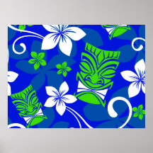 Blue Island Floral Tiki Masks Poster