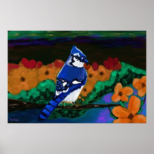 Blue Jay in Orange Flowers print