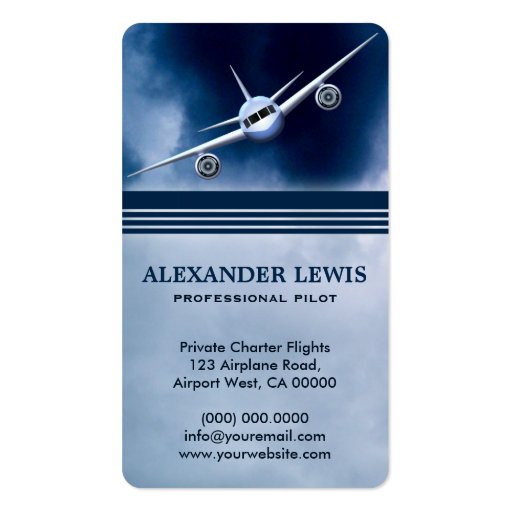 Blue Jet Plane in Sky Charter Pilot Business Cards (front side)
